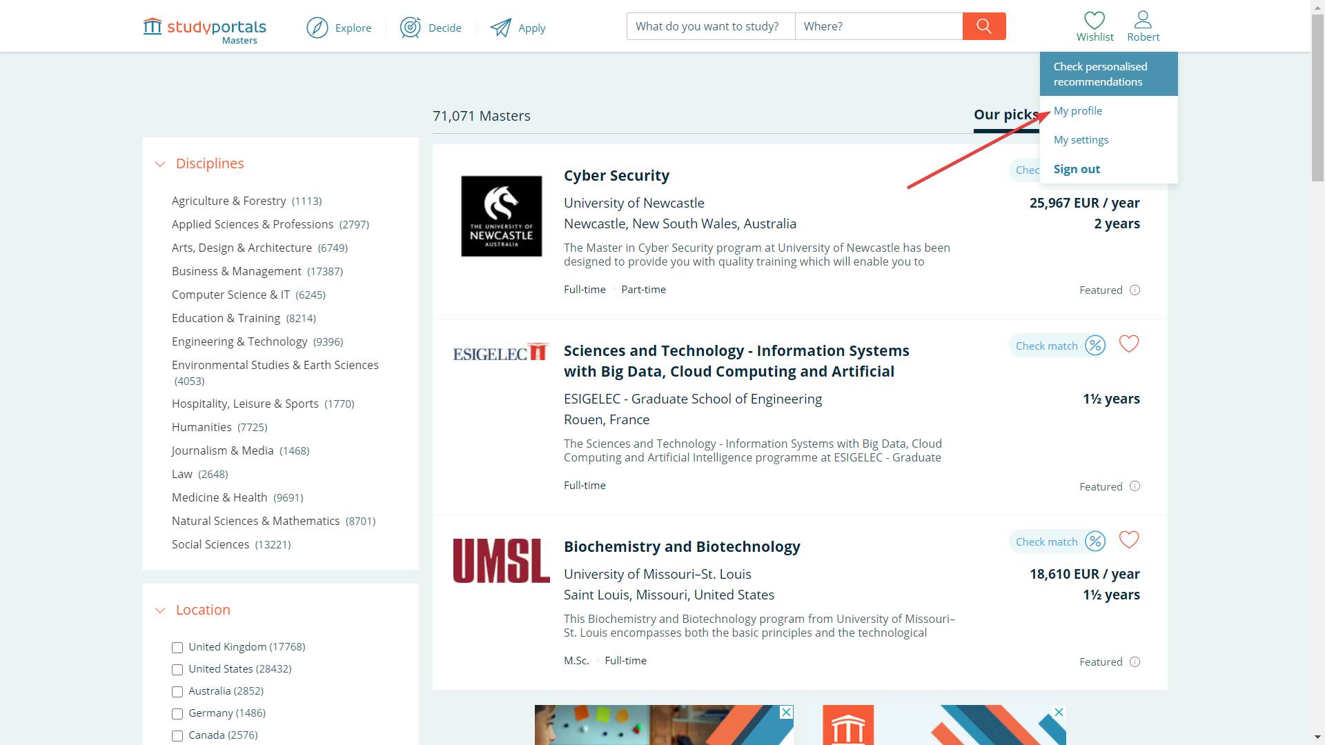 Access Studyportals profile