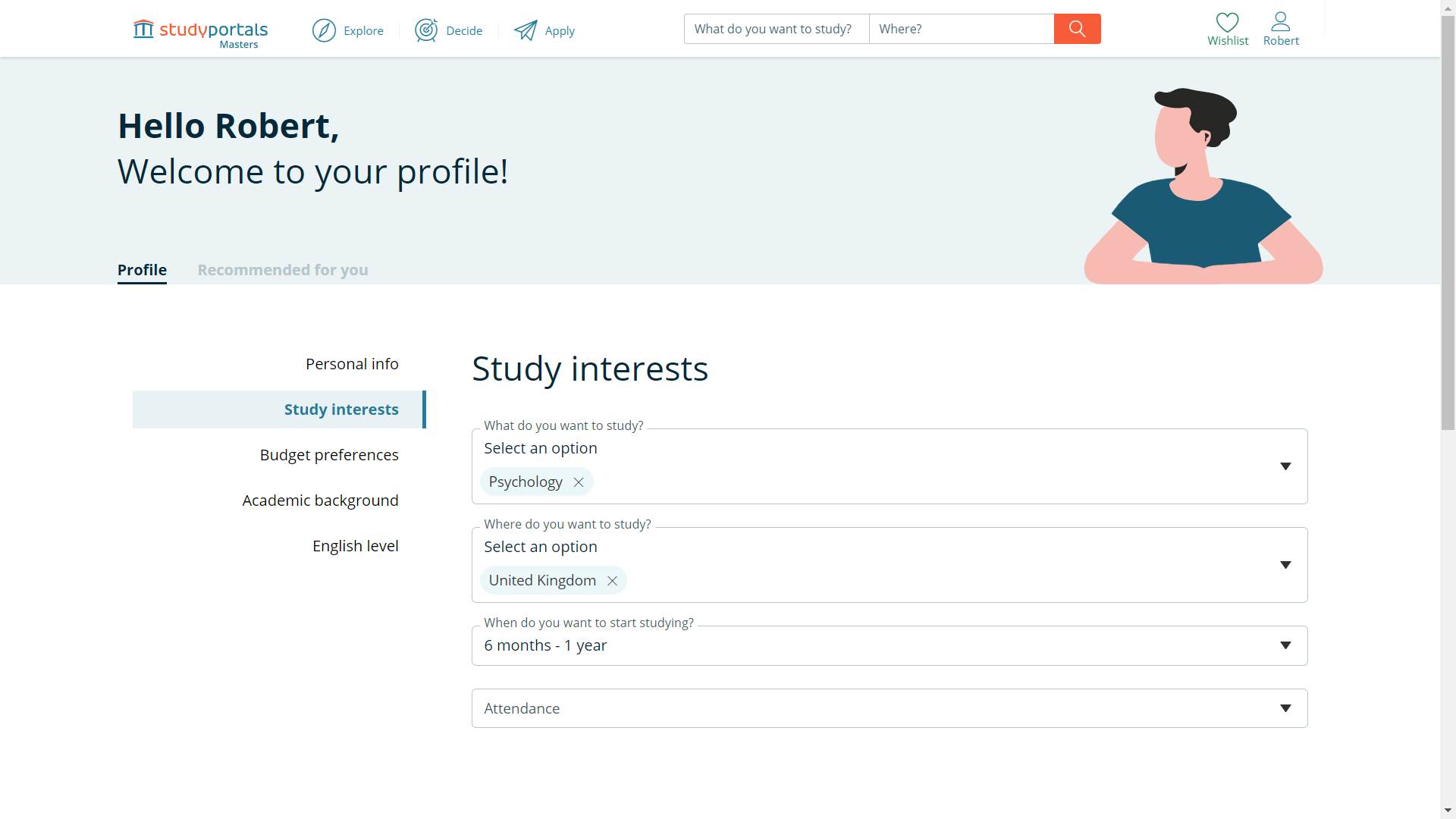Studyportals profile: options and preferences