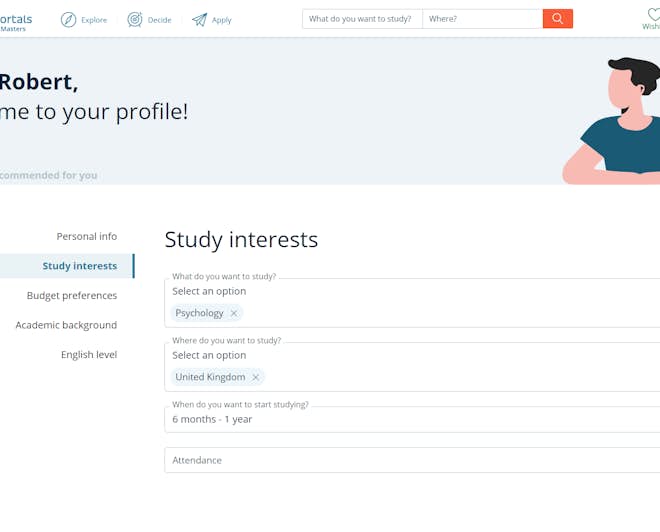Studyportals profile: options and preferences