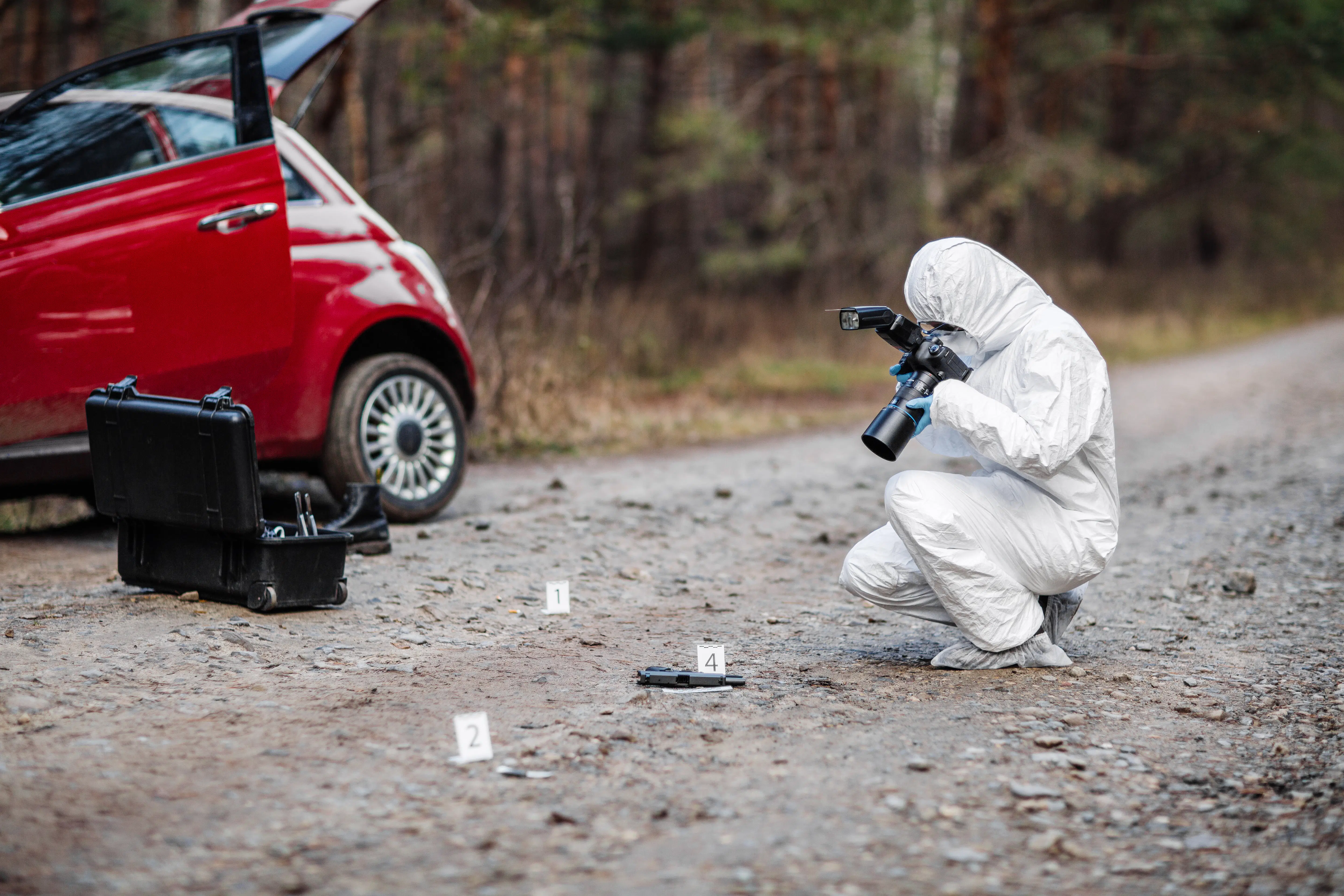 Forensic scientist taking pictures at crime scene. Study Forensic Science abroad.