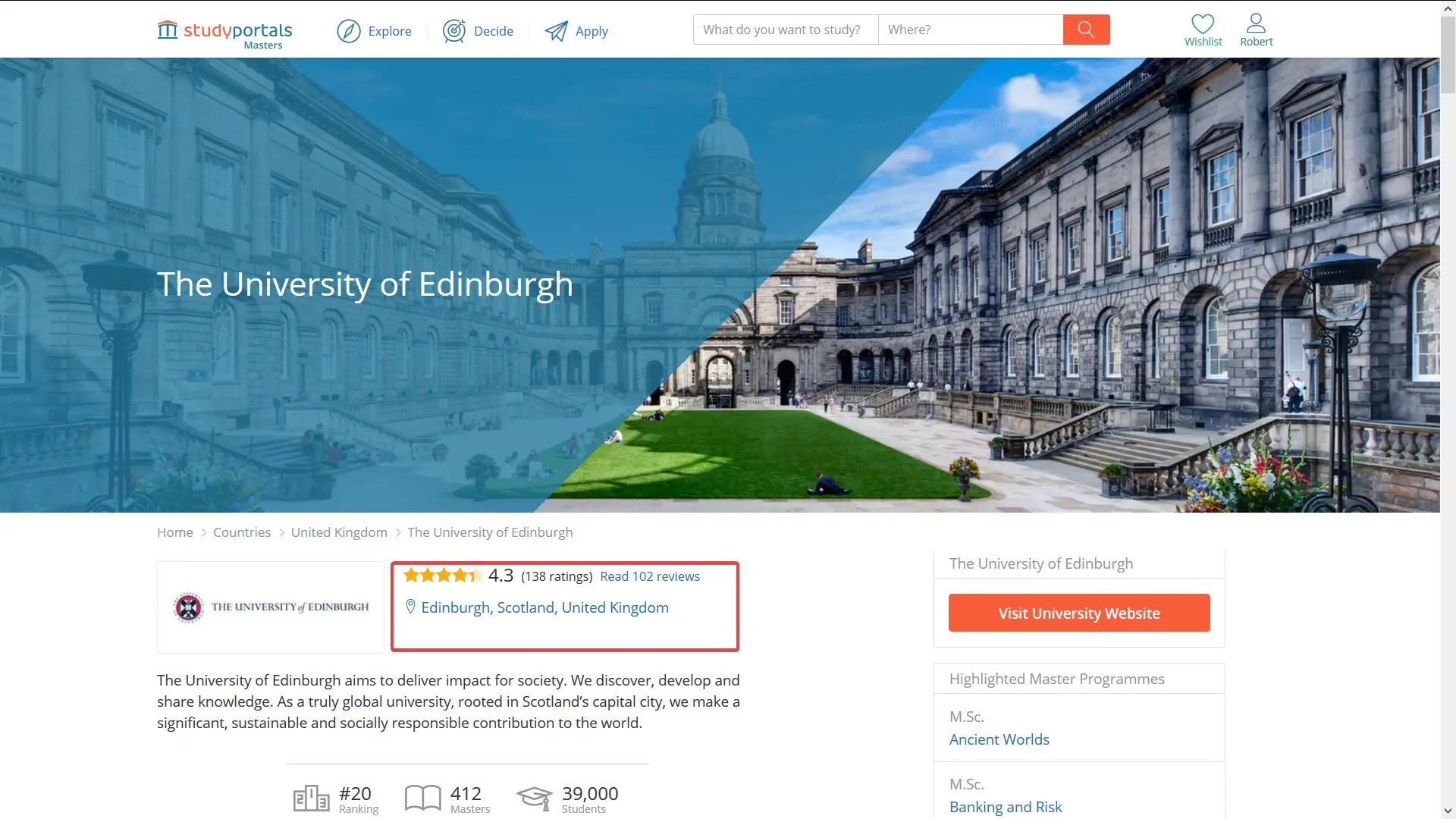 Student reviews of universities on Studyportals' websites