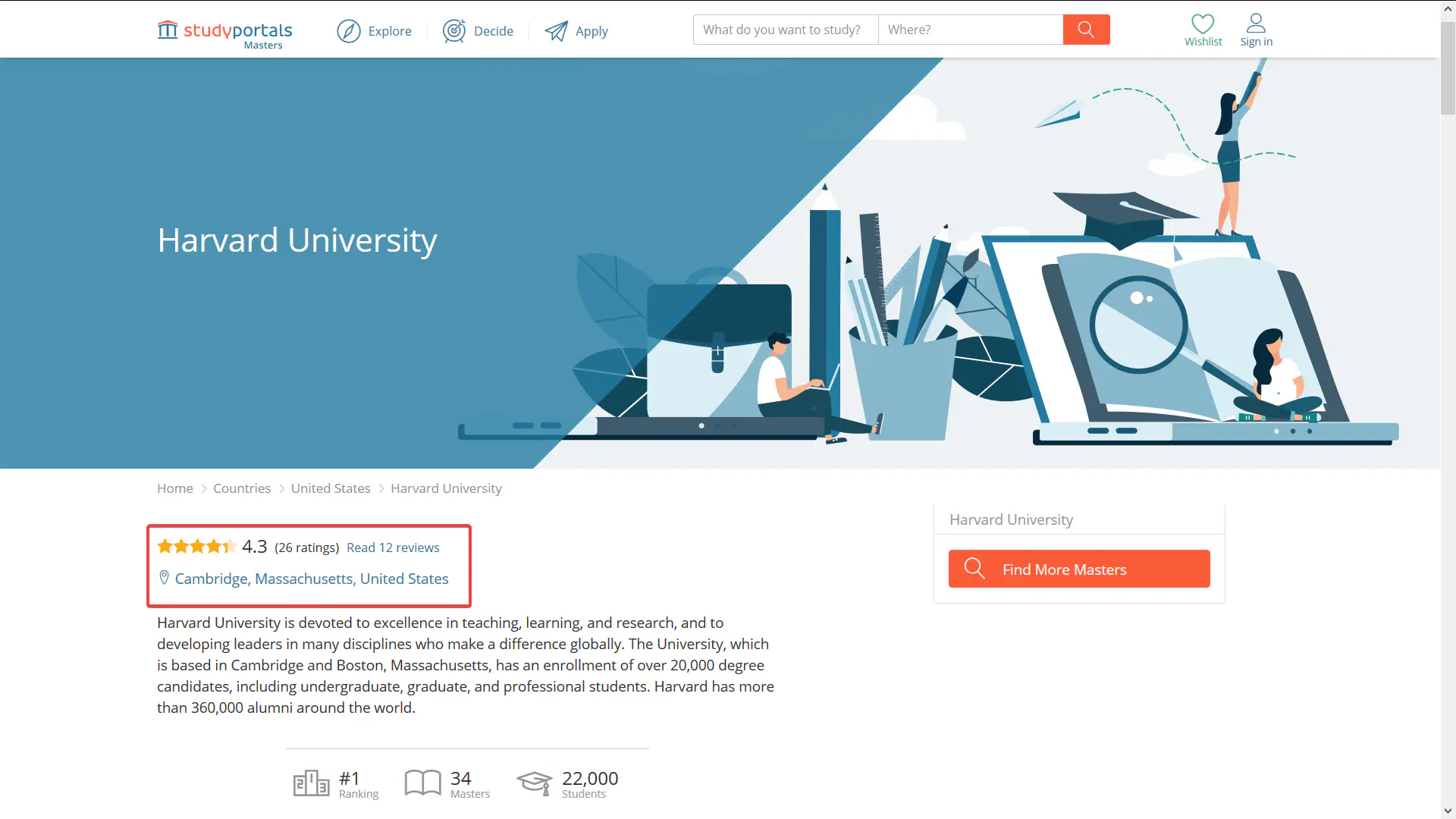 Student reviews of universities on Studyportals' websites