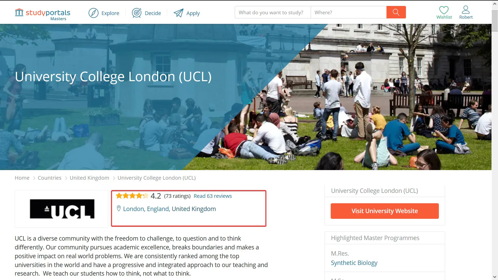 Student reviews of universities on Studyportals' websites