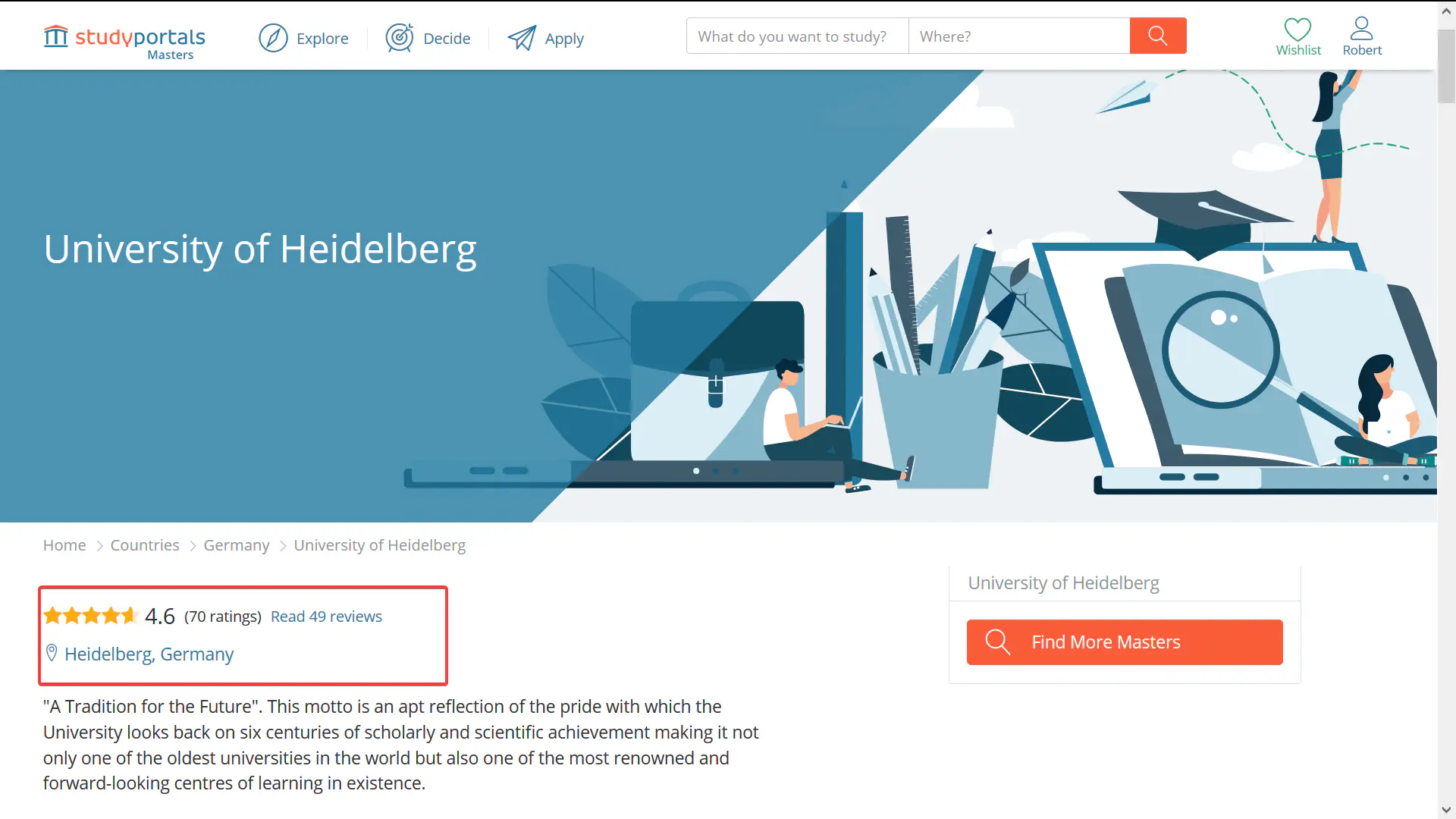 Student reviews of universities on Studyportals' websites