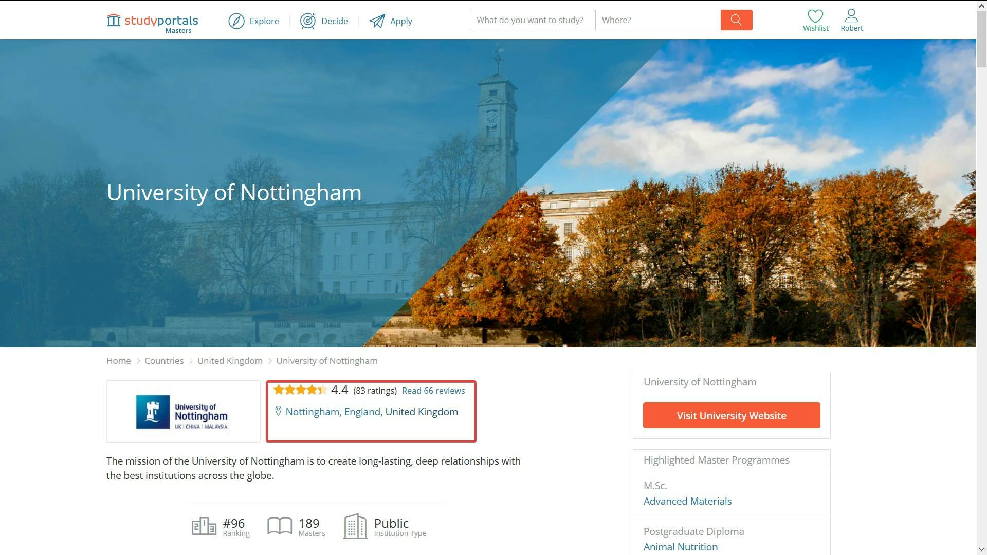 Student reviews of universities on Studyportals' websites