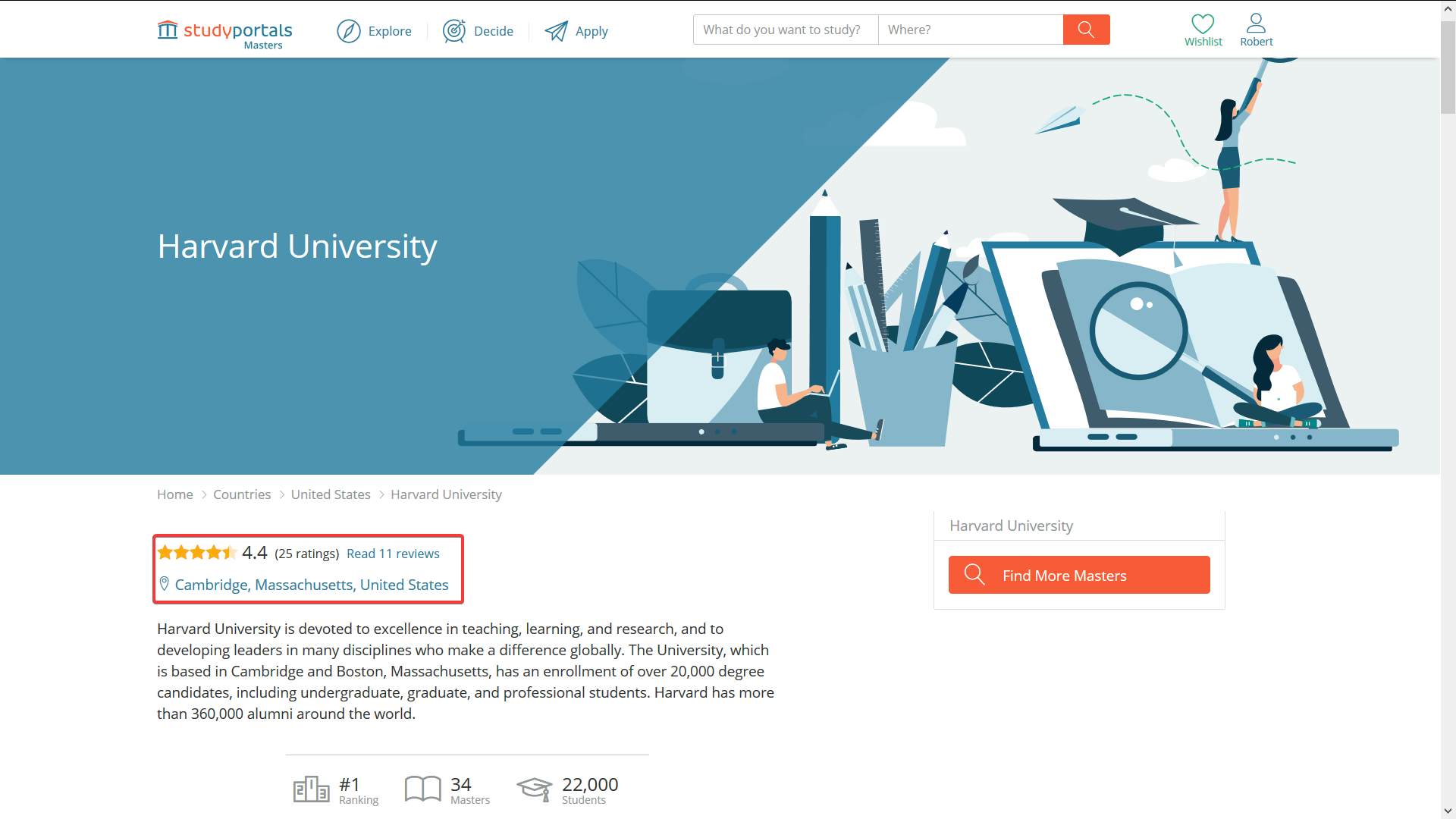 Student reviews of universities on Studyportals' websites