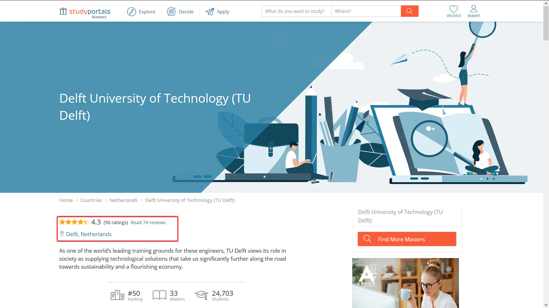Student reviews of universities on Studyportals' websites