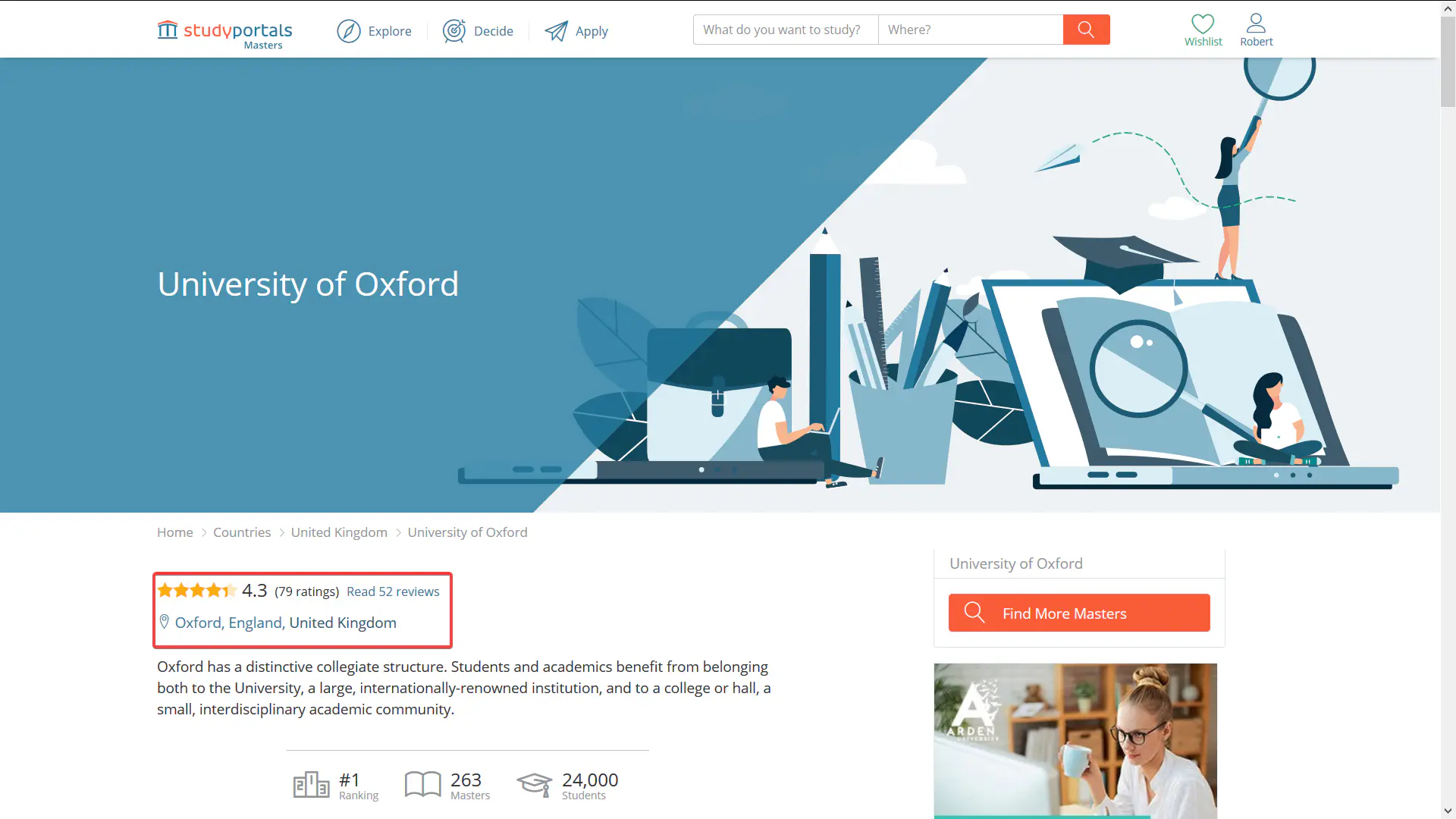 Student reviews of universities on Studyportals' websites