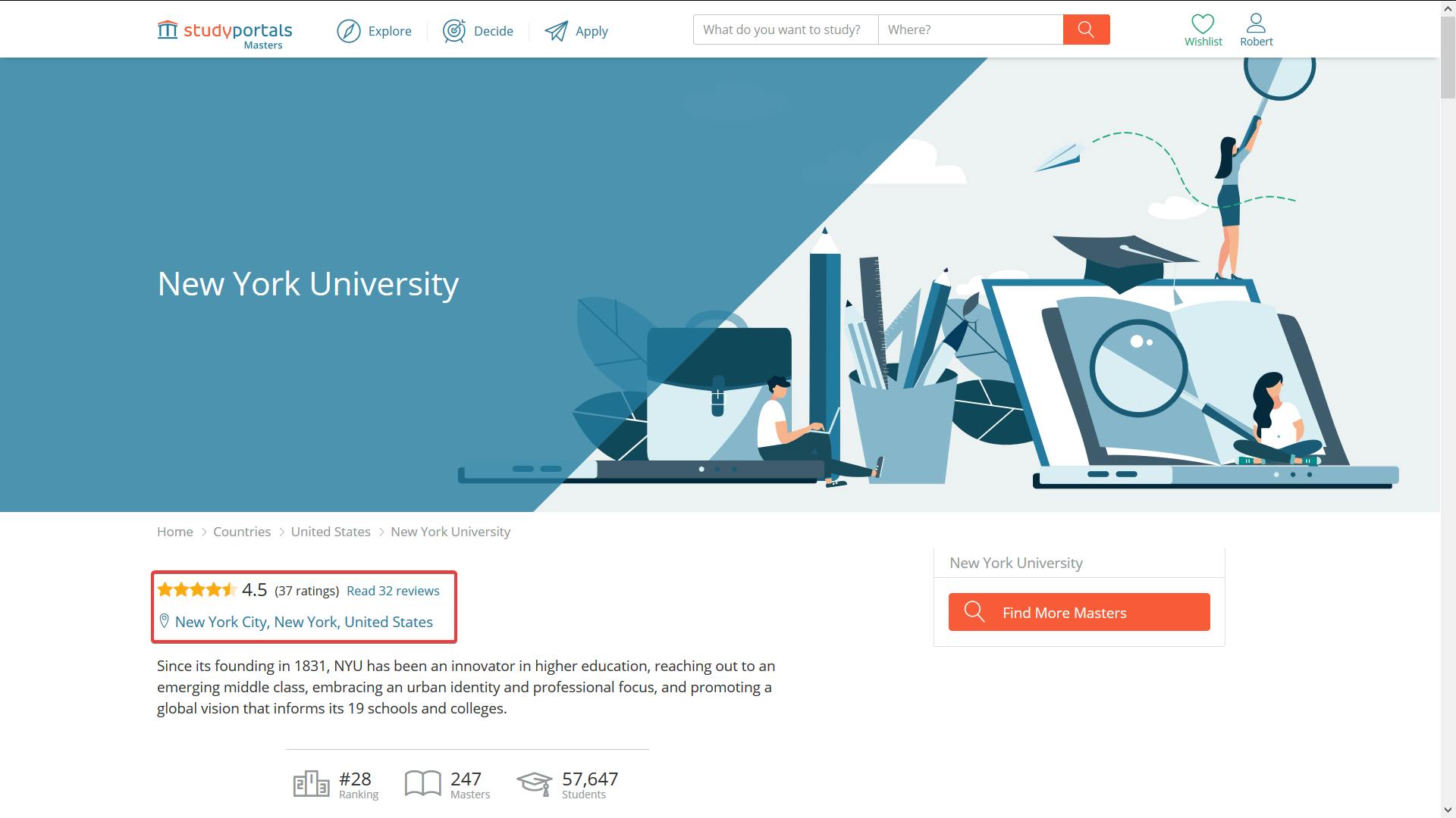 Student reviews of universities on Studyportals' websites