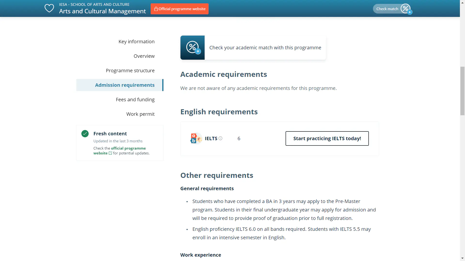 Example of English language requirements at a French university