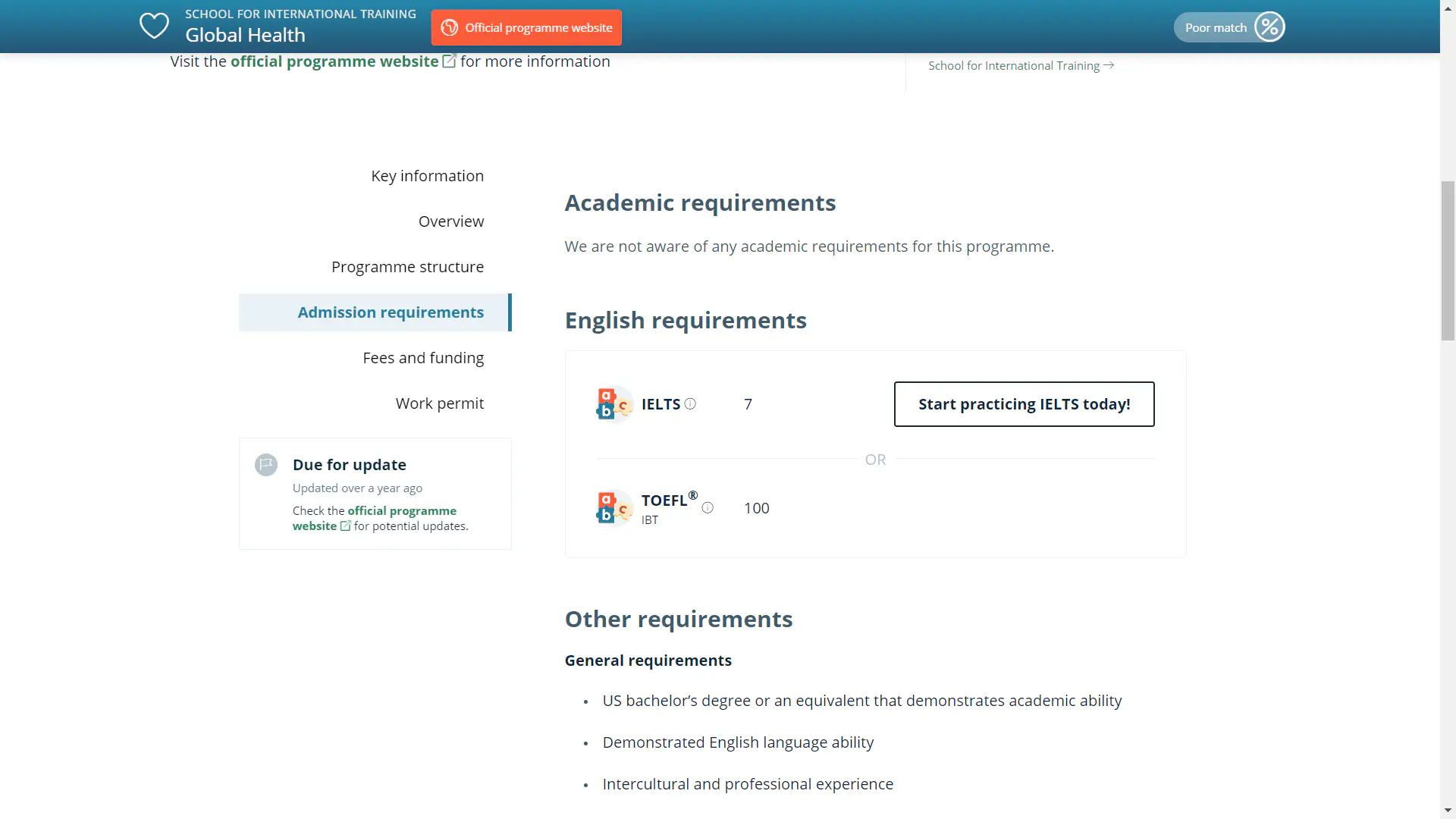 Example of English language requirements at an English-taught Medical school