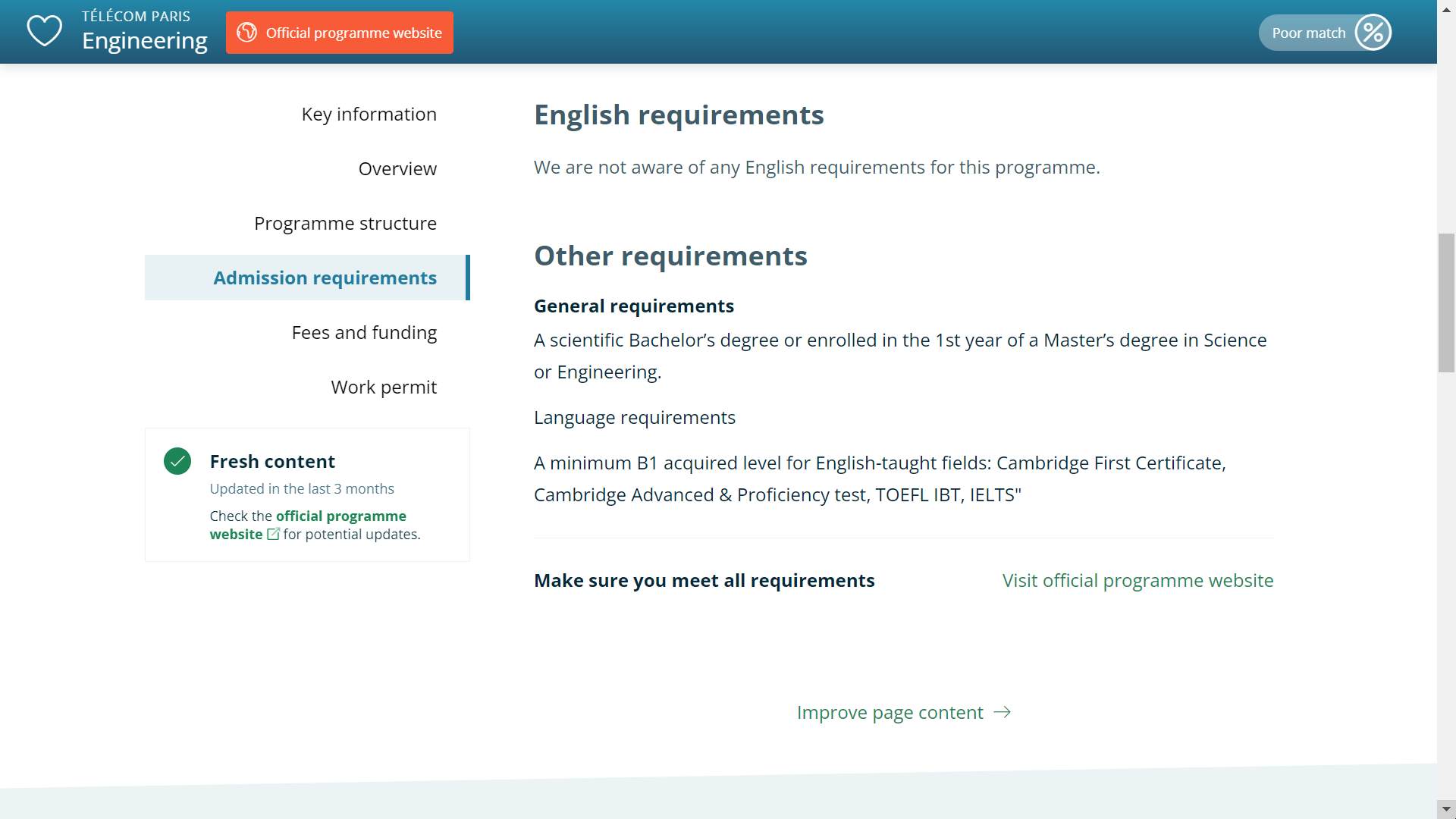 Example of English language requirements at engineering school in France