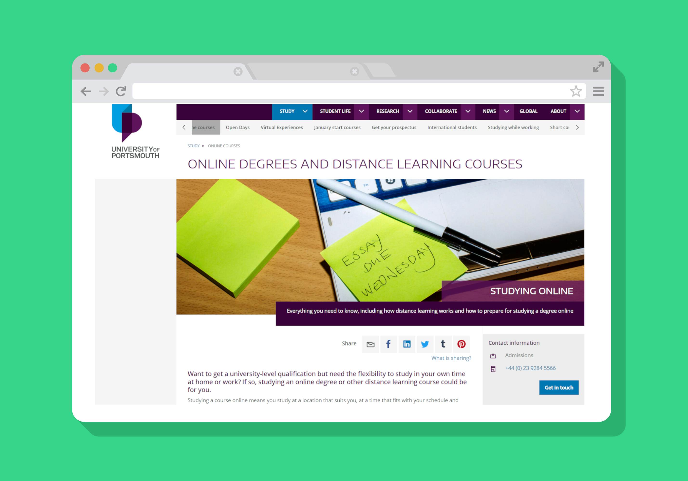 University of Portsmouth Online home page
