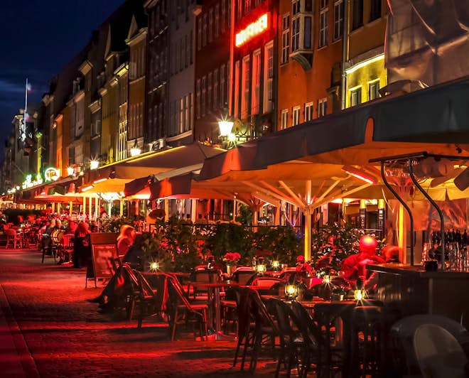 Street in Denmark with restaurants and terraces